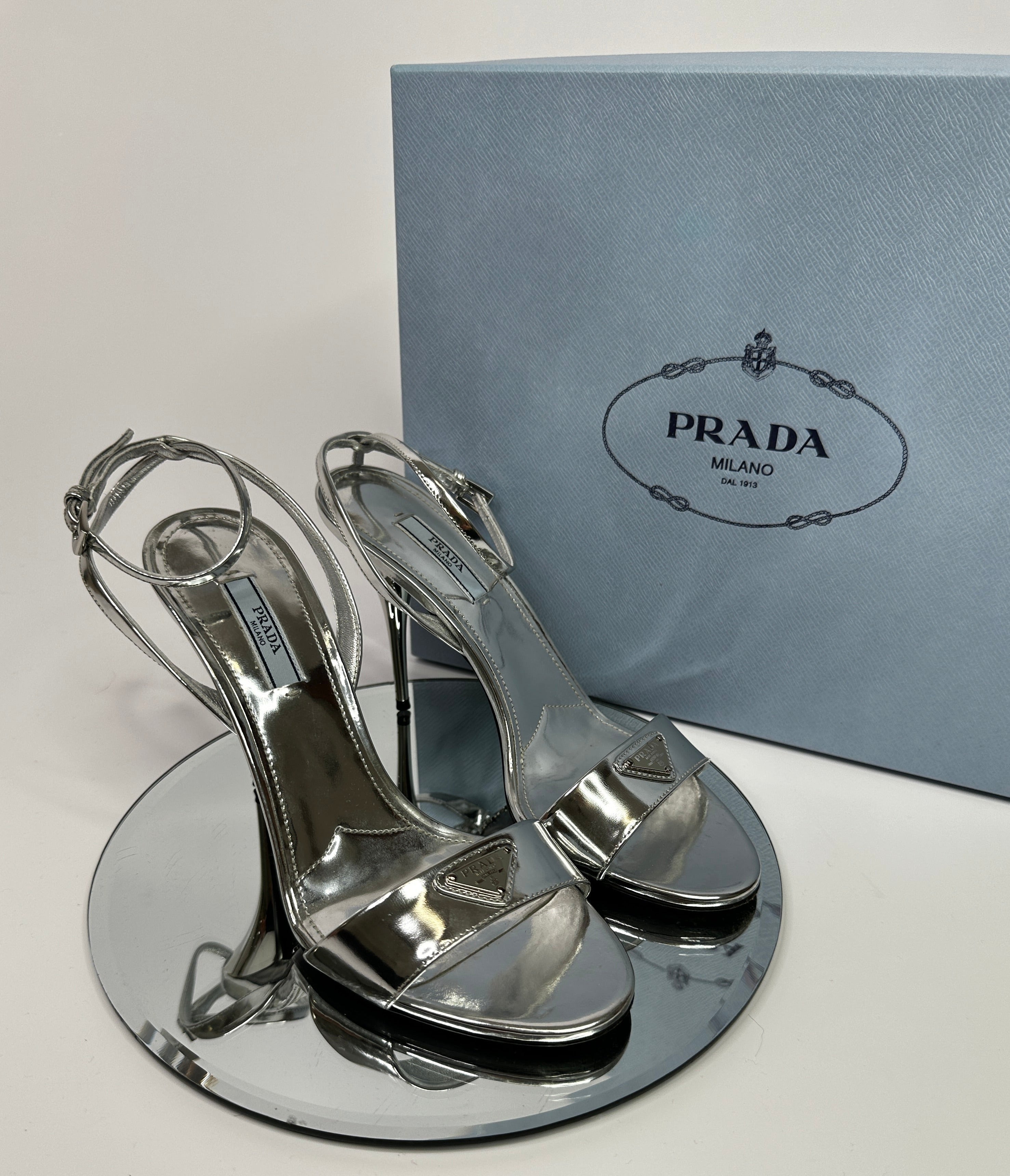 Prada heels silver hotsell