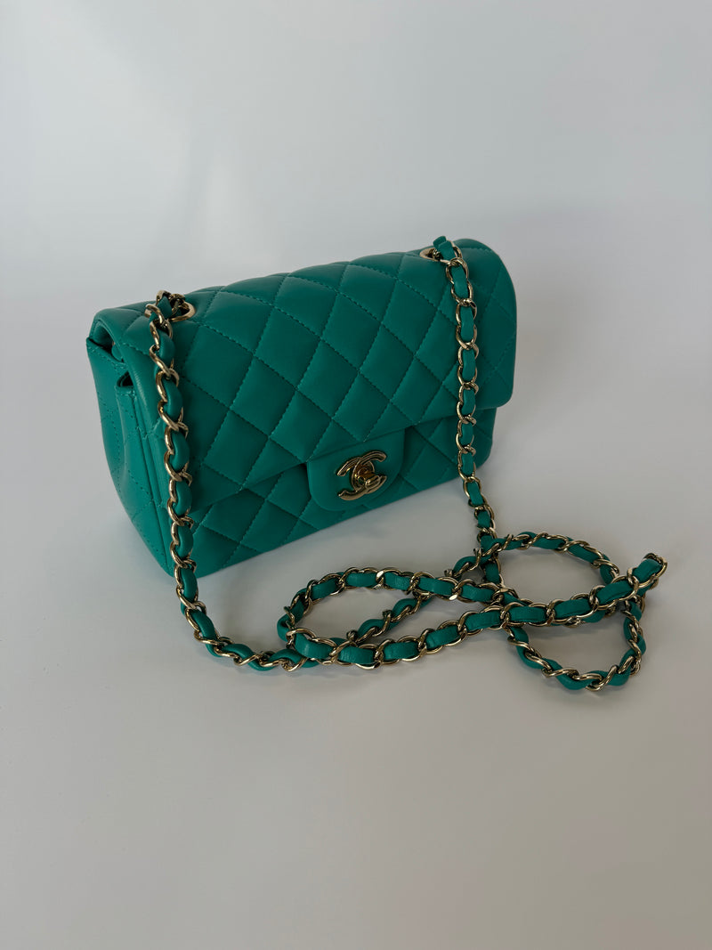 Chanel Mini Rectangle Flap Bag In Turquoise Lambskin GHW