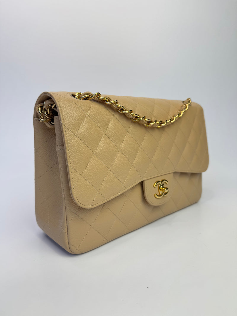 Chanel Jumbo Classic Double Flap In Beige Caviar Leather with GHW