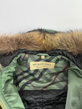 Burberry Longline Fur Trim Satin Bomber Jacket (Size S/UK8)