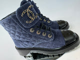 Chanel Denim Calfskin Quilted Lace Up Combat Boots (Size 38 /UK 5)