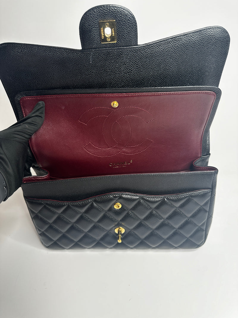 Chanel Black Caviar Leather Jumbo Classic Double Flap With GH