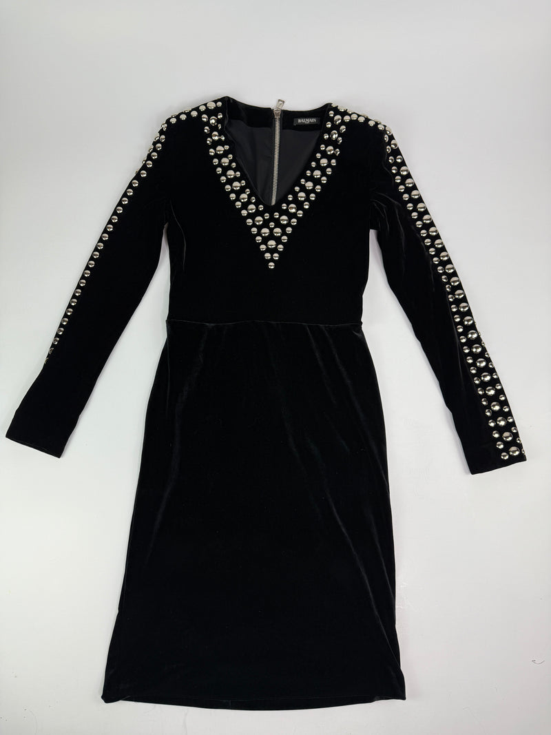 Balmain Black Velvet Studded Dress (Size40/UK12)