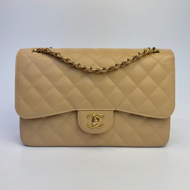 Chanel Jumbo Classic Double Flap In Beige Caviar Leather with GHW