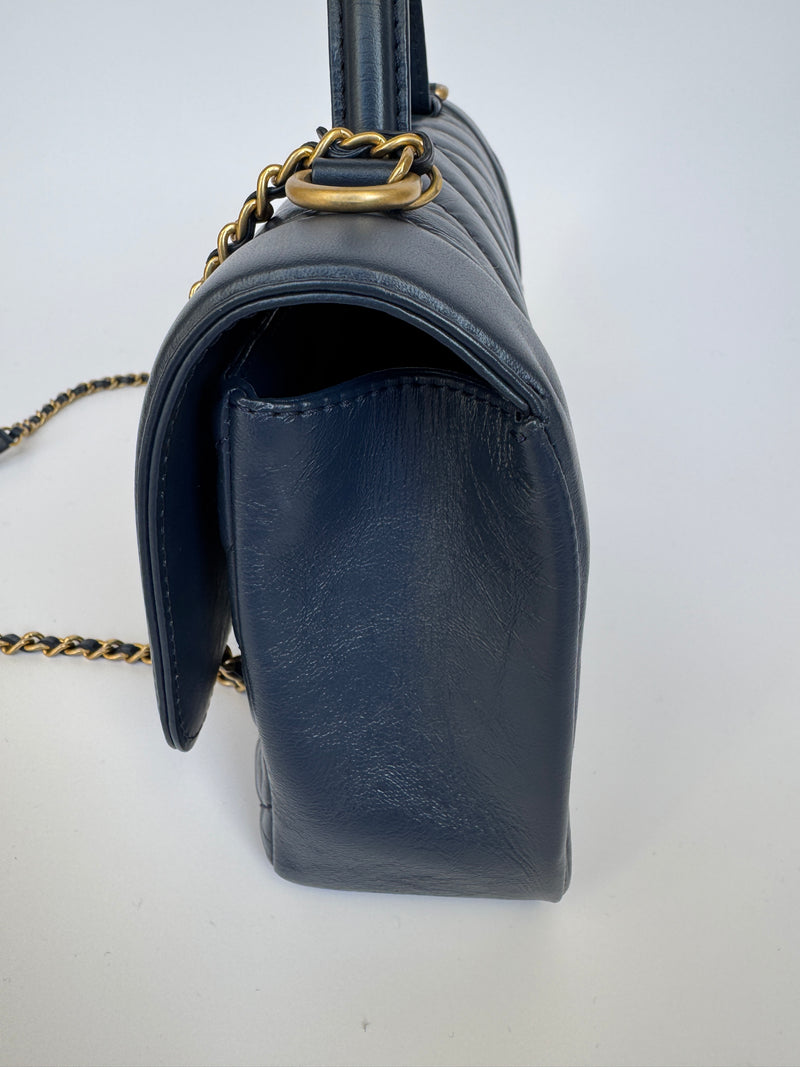 Chanel Top Handle Flap Bag In Navy Crumpled Calfskin