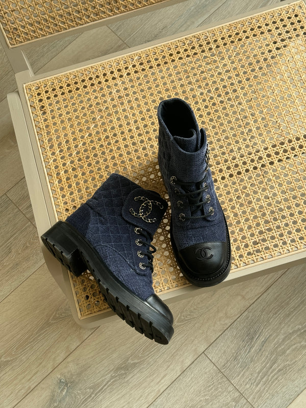 Chanel Denim Calfskin Quilted Lace Up Combat Boots (Size 38 /UK 5)