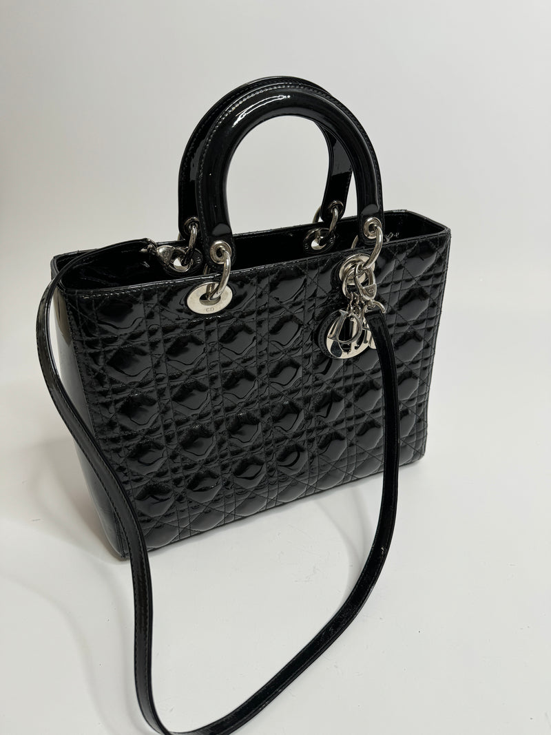 Christian Dior Lady Dior Large In Black Patent