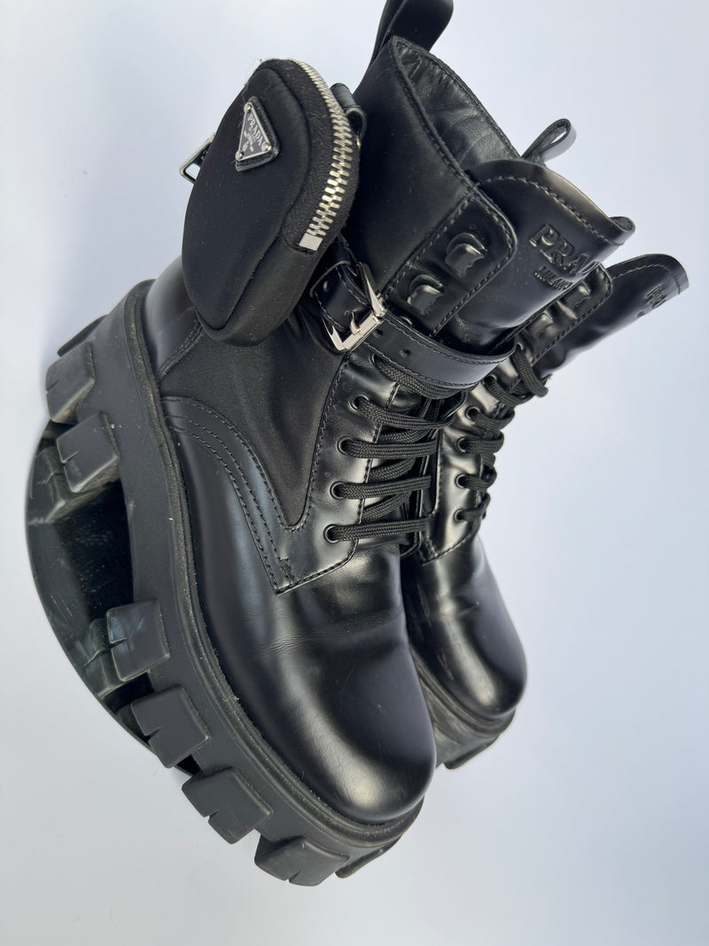 Prada leather combat boots with removable nylon pouch sale