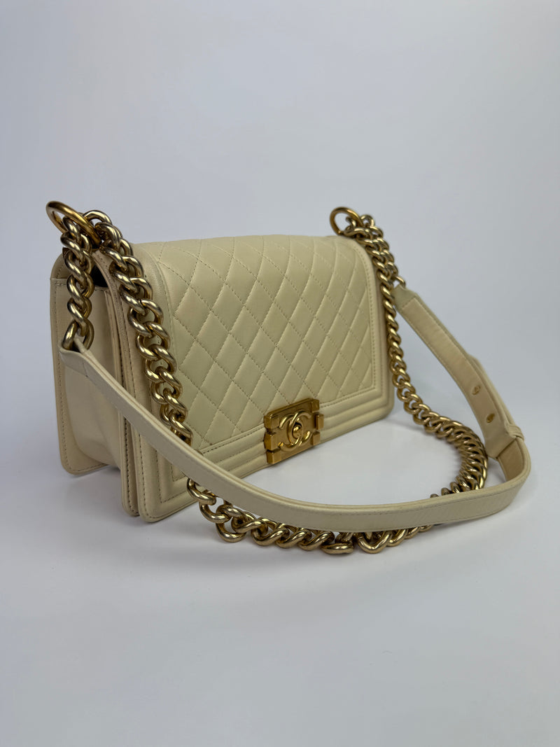 Chanel Boy Bag Medium In Cream Lambskin GHW