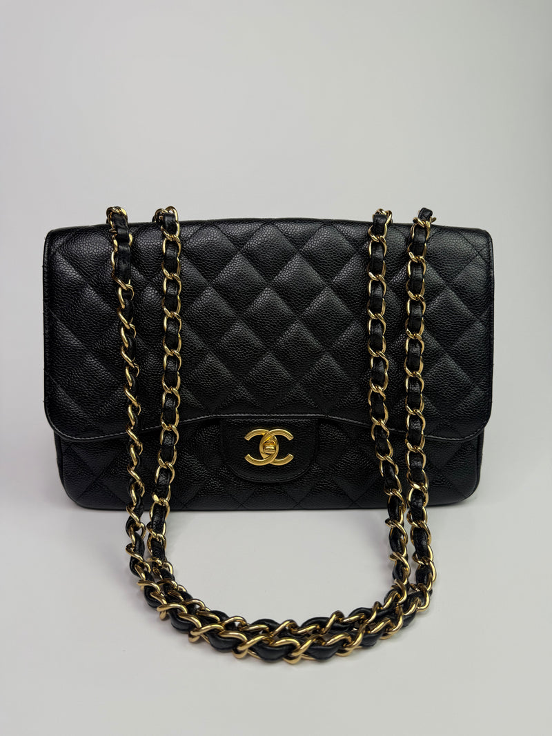 Chanel Classic Jumbo Single Flap In Black Caviar Leather With GHW