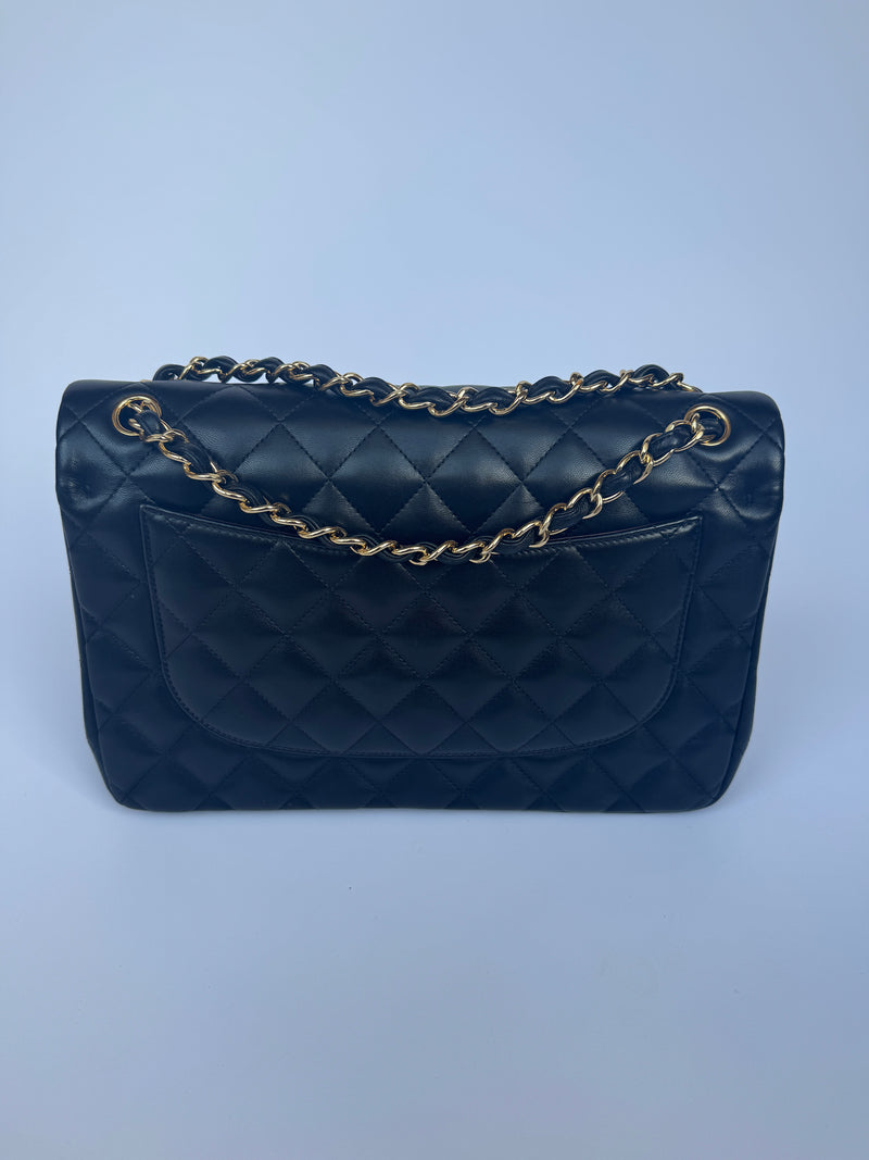 Chanel Black Lambskin Leather Jumbo Classic Double Flap GHW