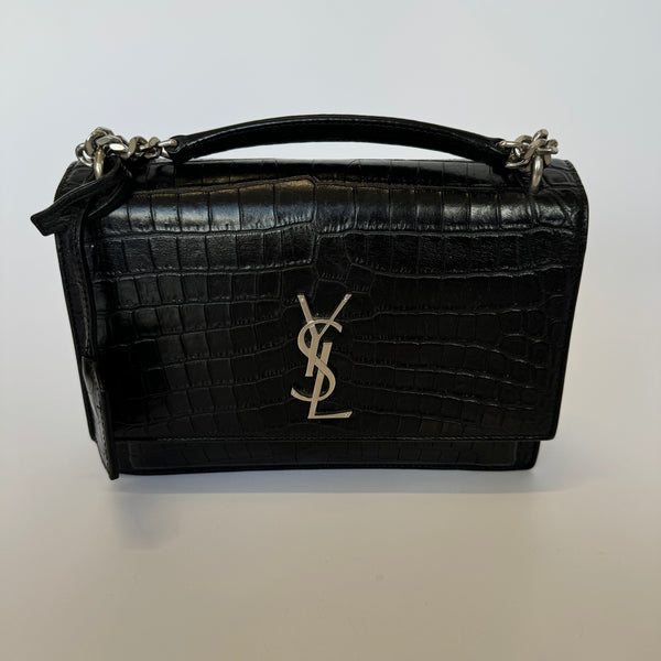 Saint Laurent Black Croc Embossed Sunset Bag