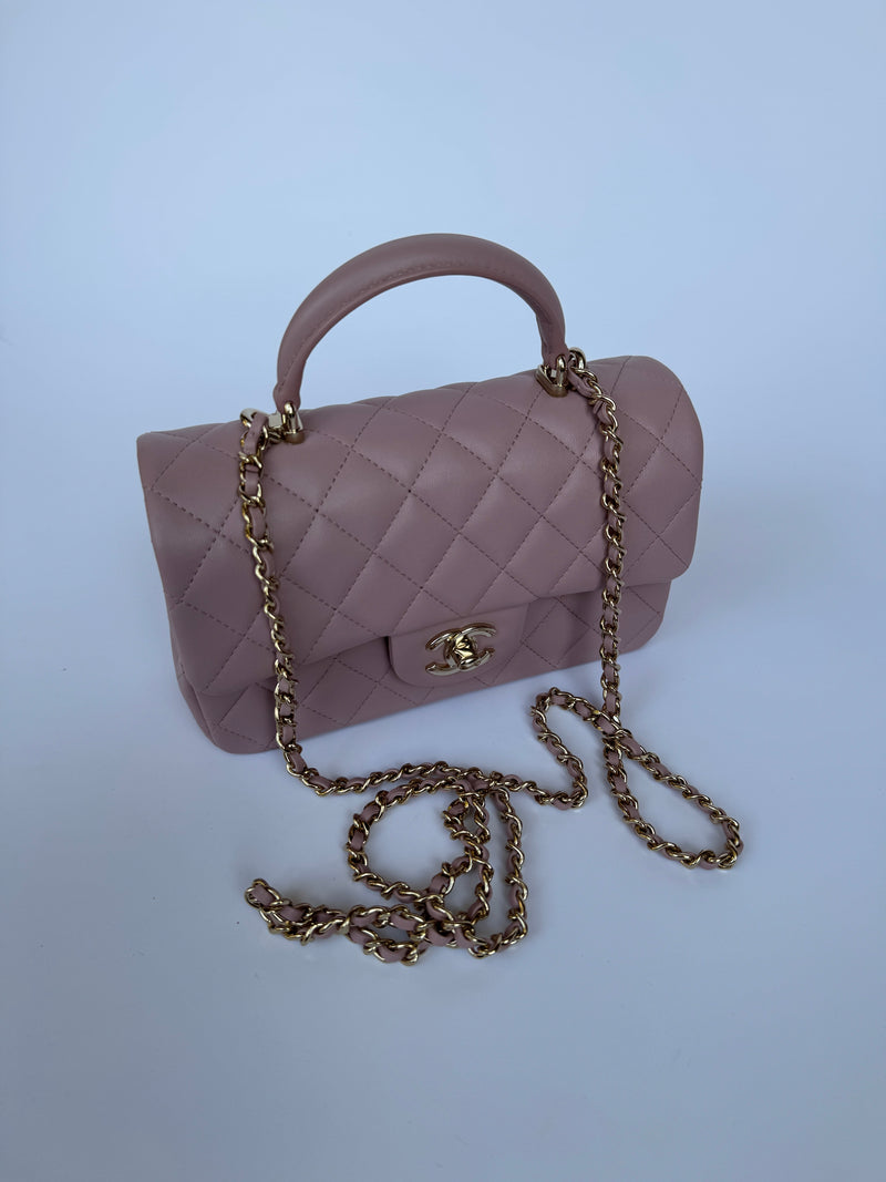 Chanel Mini Rectangular Top Handle Rose Lambskin GHW