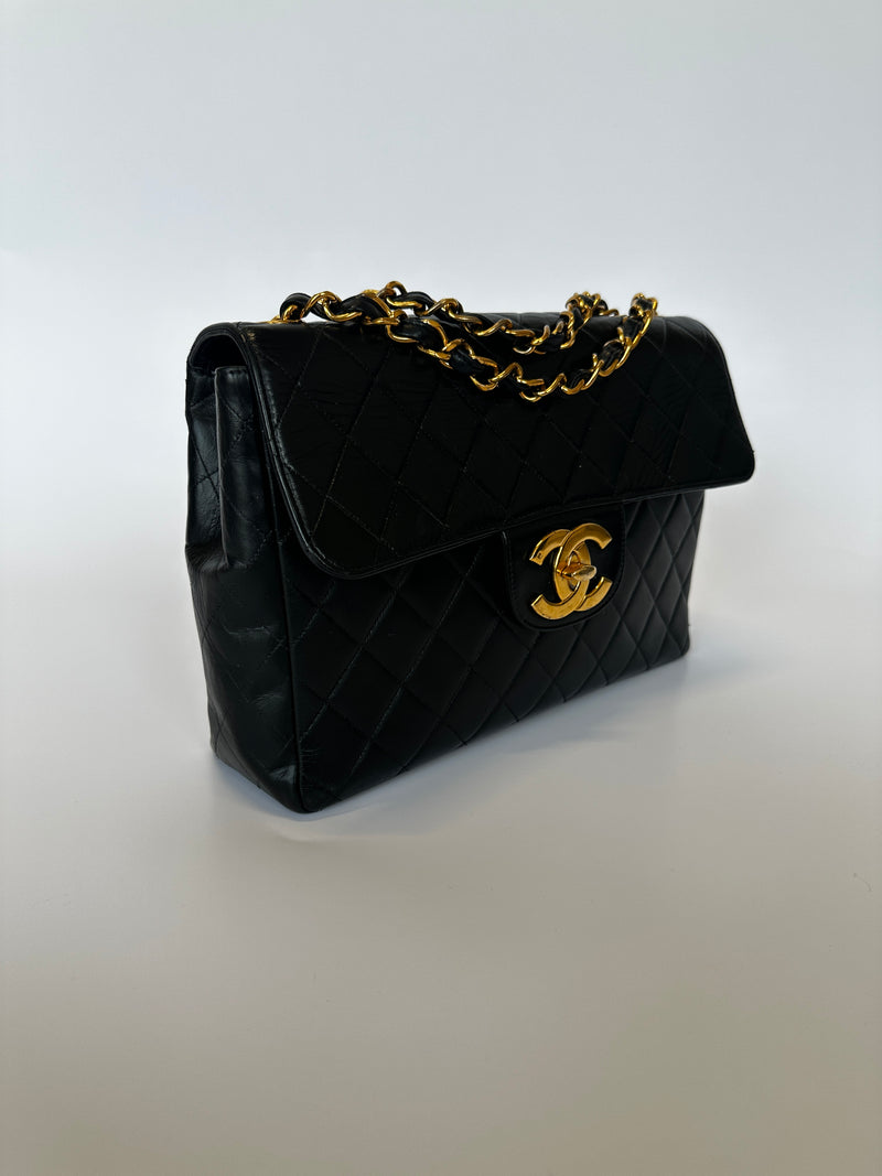 Chanel Vintage XL Maxi Flap Bag In Black Lambskin