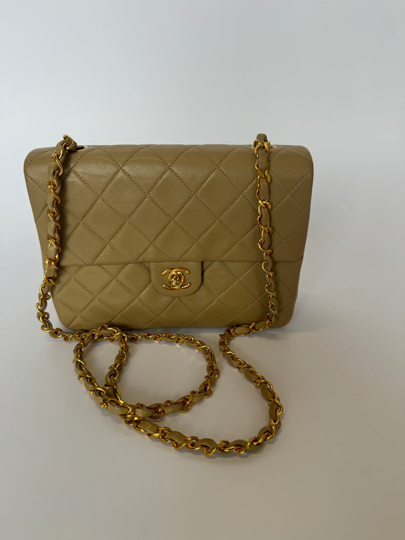 Chanel Vintage Mini Square Flap Bag In Beige Lambskin GHW