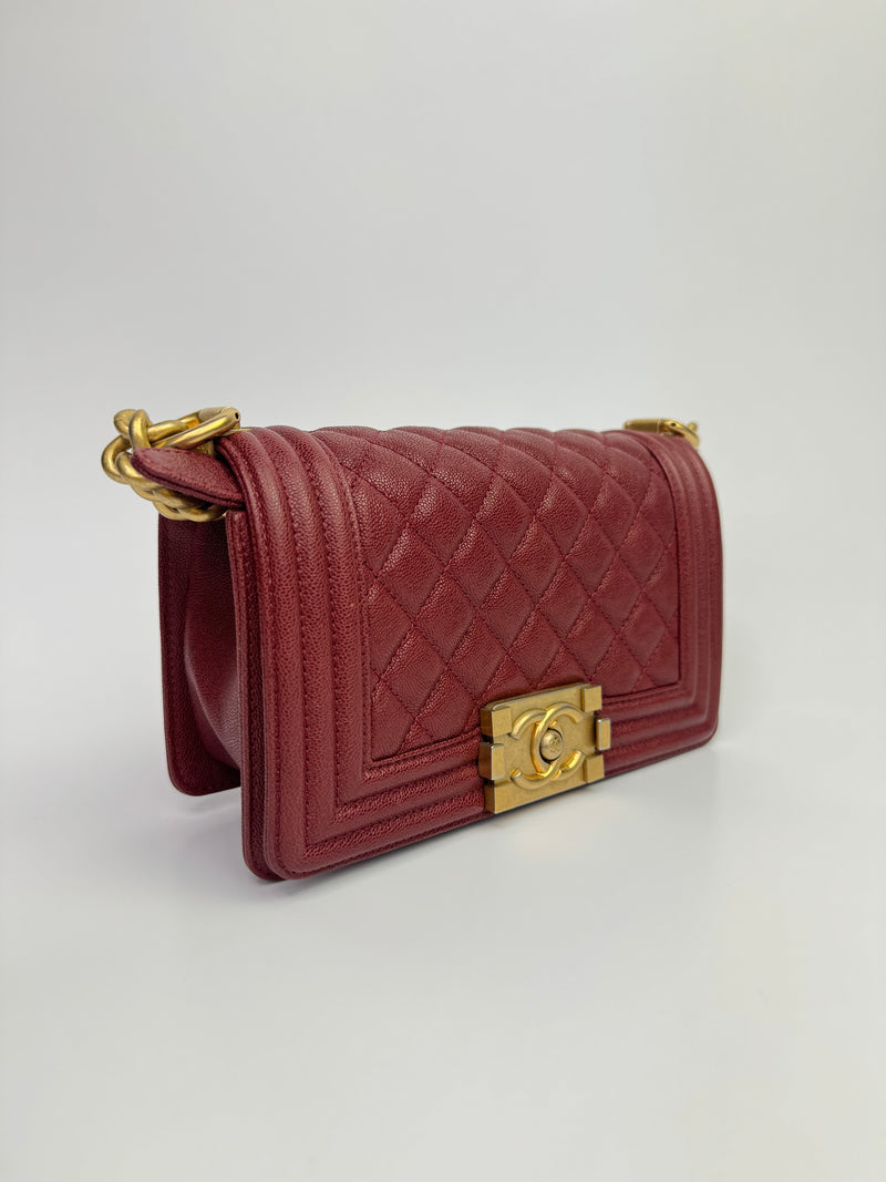 Chanel Small Boy Bag In Burgundy Caviar With GHW