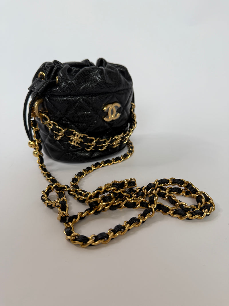 Chanel Micro Bucket Bag On Chain In Black Caviar GHW