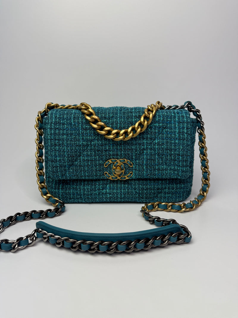 Chanel 19 Small Green Tweed Flap Bag