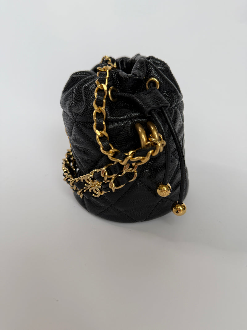 Chanel Micro Bucket Bag On Chain In Black Caviar GHW