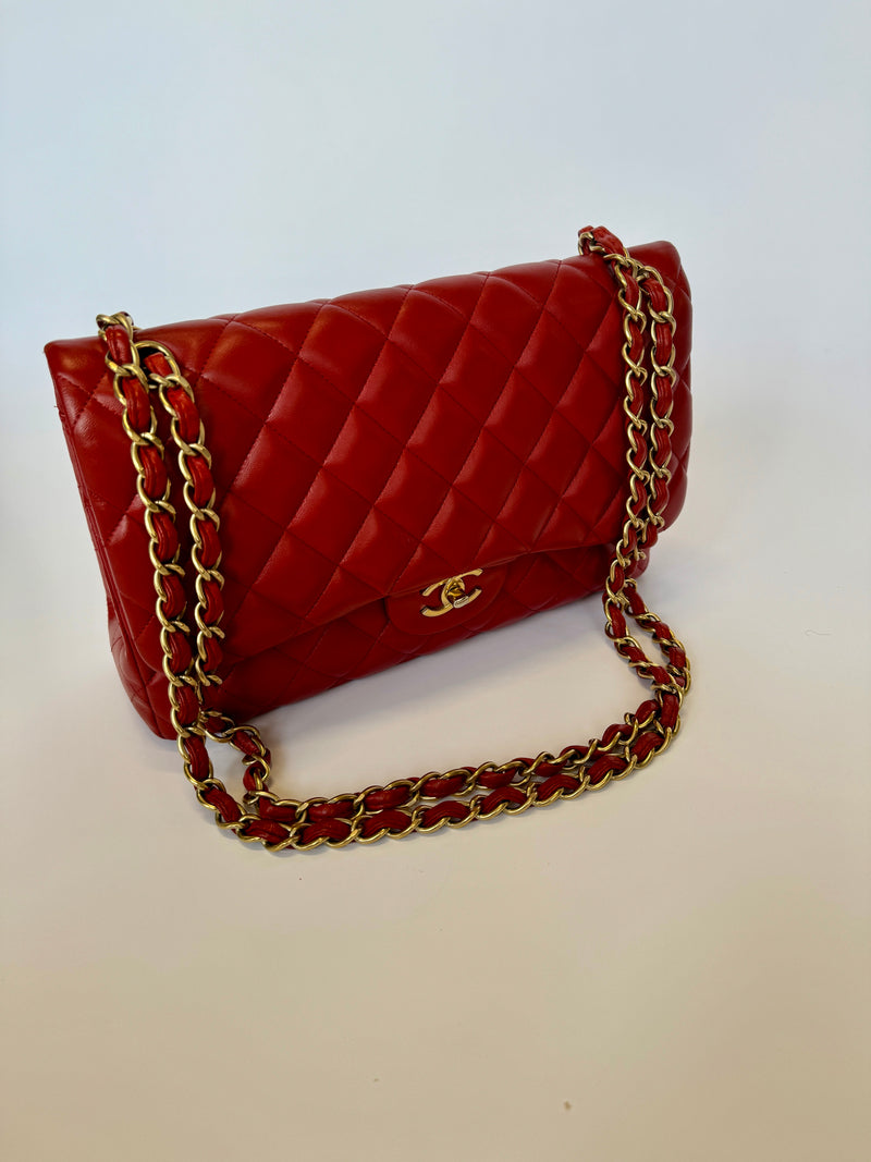 Chanel Jumbo Classic In Red Lambskin GHW