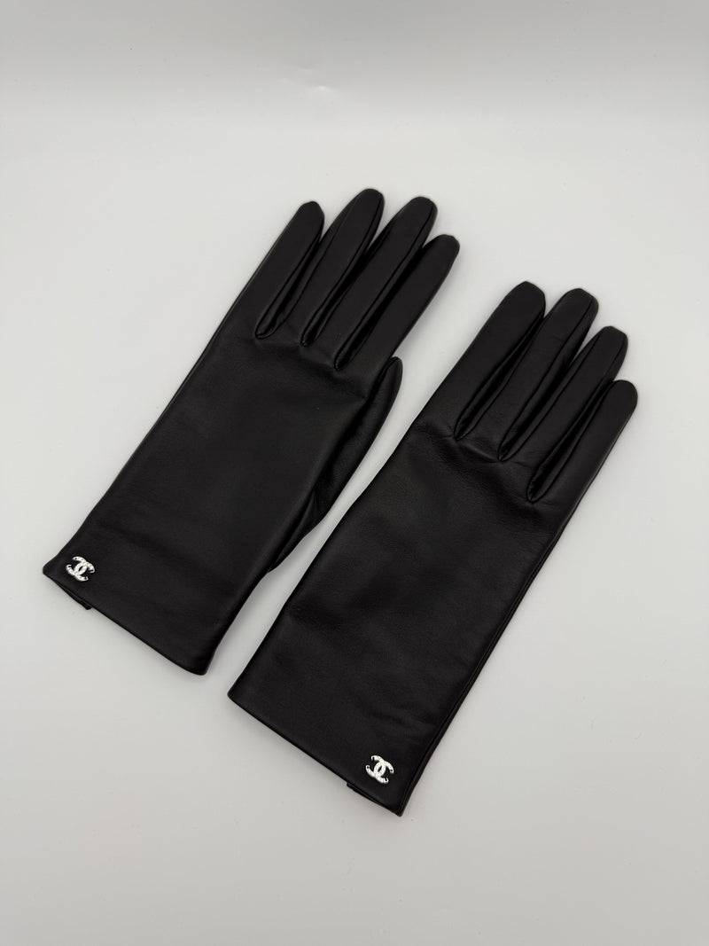 Chanel Black Leather CC Diamanté Gloves