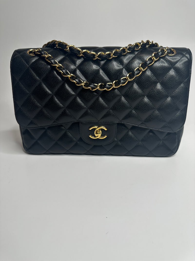 Chanel Black Caviar Leather Jumbo Classic Double Flap With GH