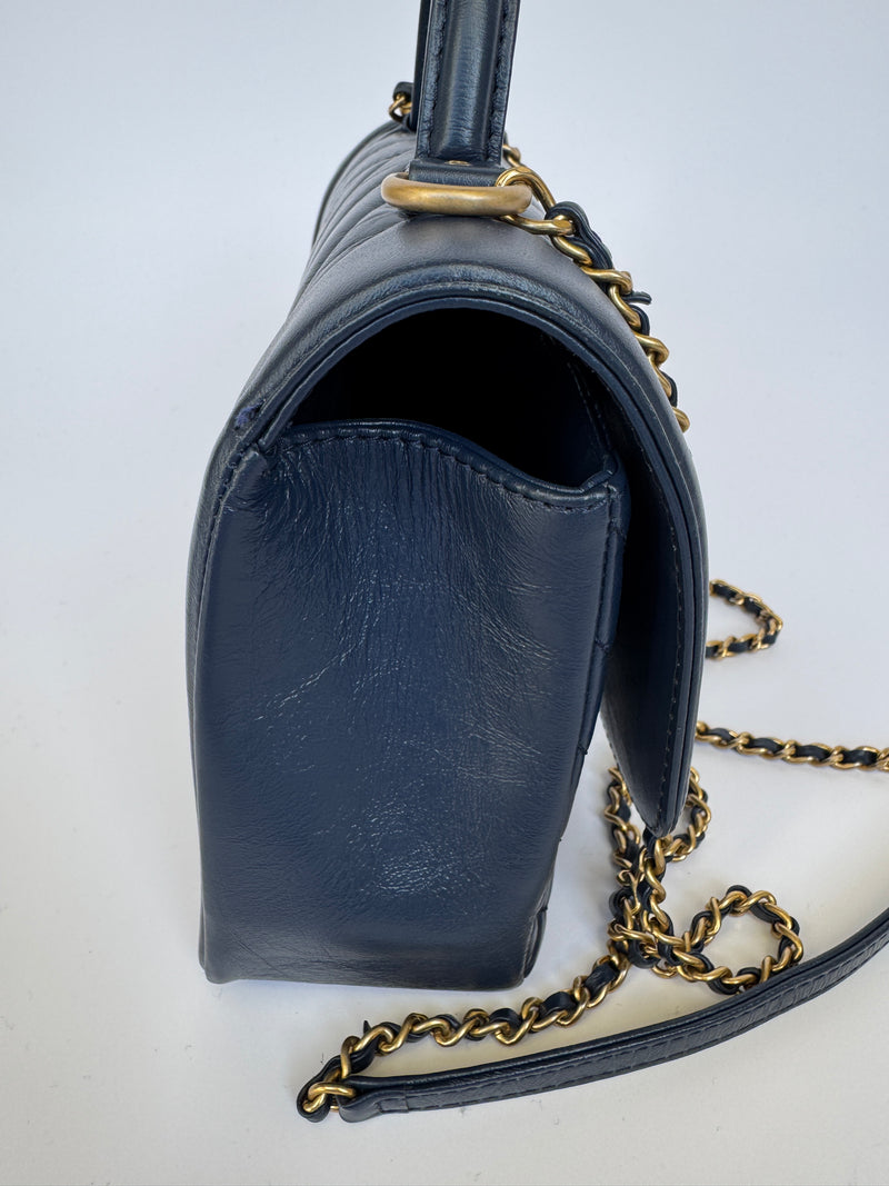 Chanel Top Handle Flap Bag In Navy Crumpled Calfskin