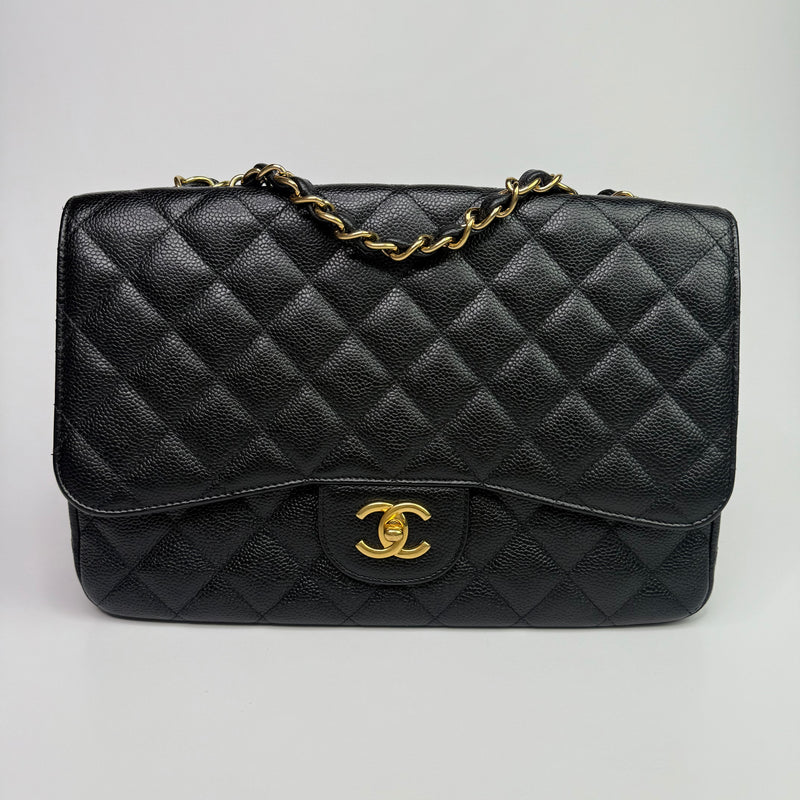 Chanel Classic Jumbo Single Flap In Black Caviar Leather With GHW