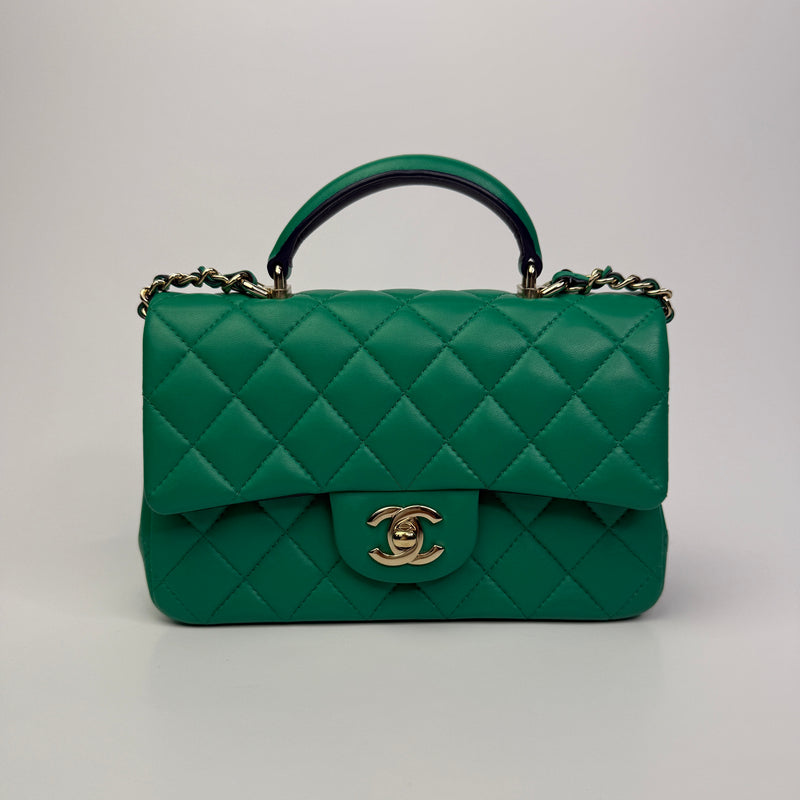 Chanel Mini Rectangular Flap Top Handle Green and Navy Blue Lambskin GHW