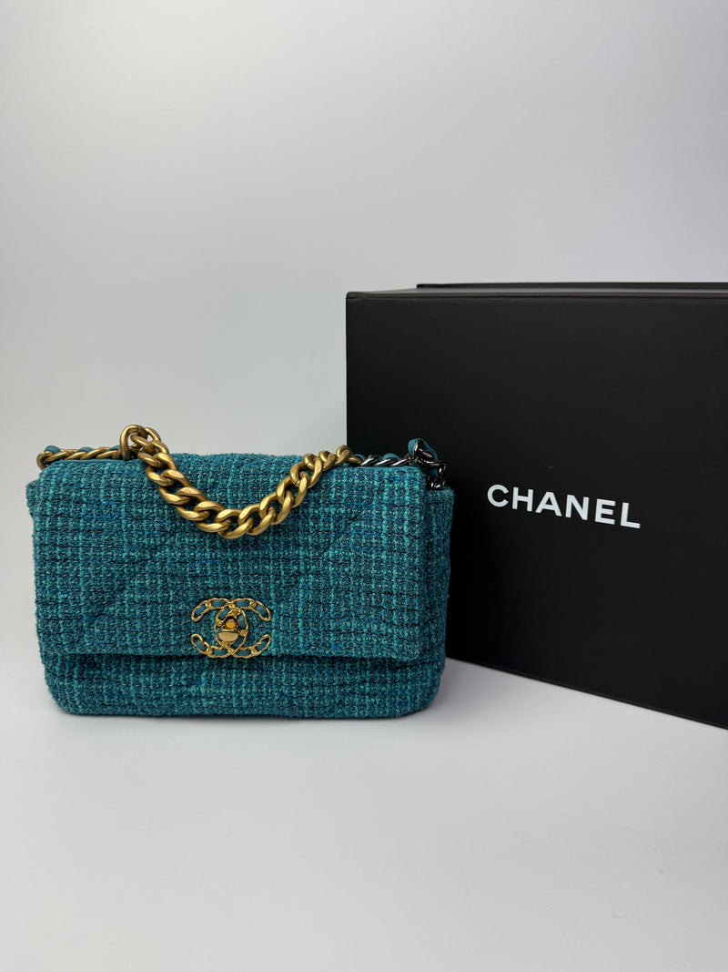 Chanel 19 Small Green Tweed Flap Bag