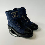 Chanel Denim Calfskin Quilted Lace Up Combat Boots (Size 38 /UK 5)