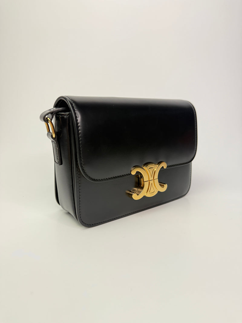 Celine Classique Teen Triomphe Bag In Shiny Black Calfskin