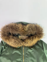 Burberry Longline Fur Trim Satin Bomber Jacket (Size S/UK8)