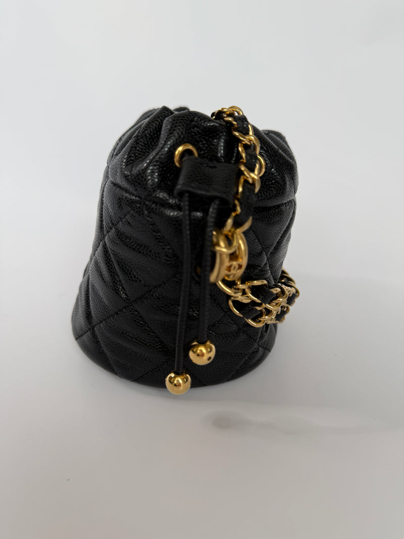 Chanel Micro Bucket Bag On Chain In Black Caviar GHW