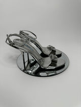 Prada Metallic Logo Plaque Sandal Heels (Size 38/UK5)