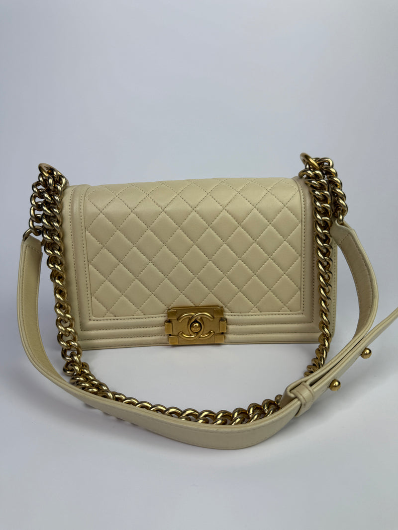 Chanel Boy Bag Medium In Cream Lambskin GHW