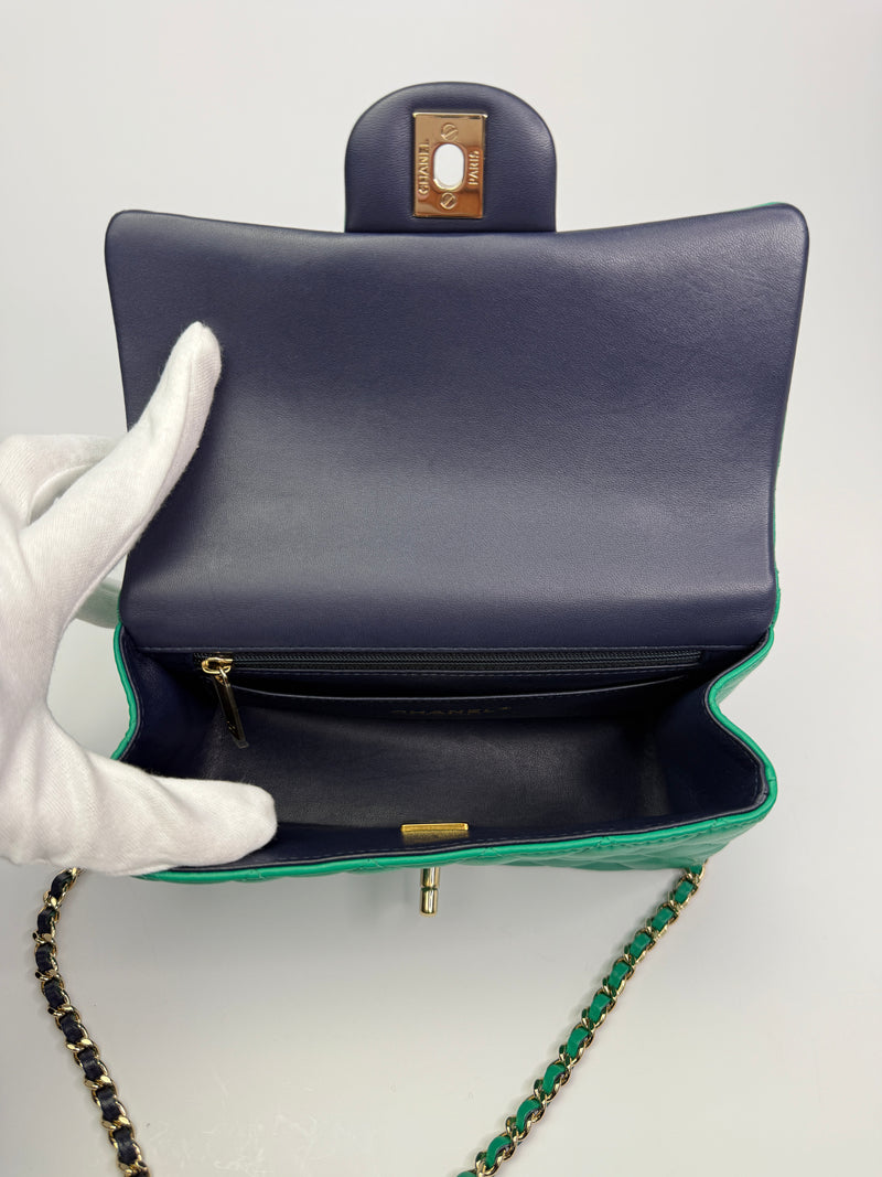 Chanel Mini Rectangular Flap Top Handle Green and Navy Blue Lambskin GHW