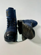 Chanel Denim Calfskin Quilted Lace Up Combat Boots (Size 38 /UK 5)