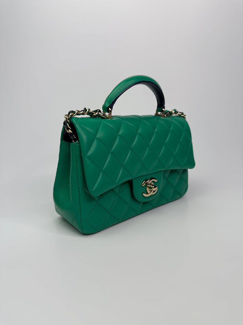 Chanel Mini Rectangular Flap Top Handle Green and Navy Blue Lambskin GHW