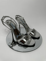 Prada Metallic Logo Plaque Sandal Heels (Size 38/UK5)