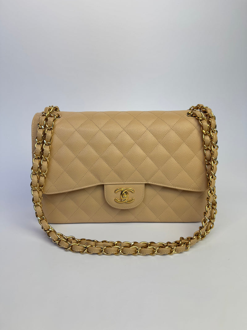 Chanel Jumbo Classic Double Flap In Beige Caviar Leather with GHW