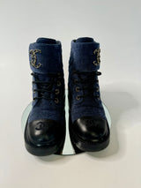 Chanel Denim Calfskin Quilted Lace Up Combat Boots (Size 38 /UK 5)