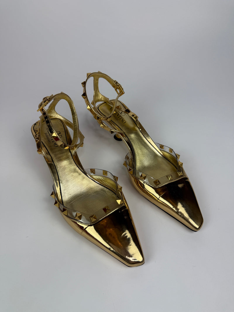 Valentino Gold Rockstud Couture Mirrored Pumps(Size 38/UK5)