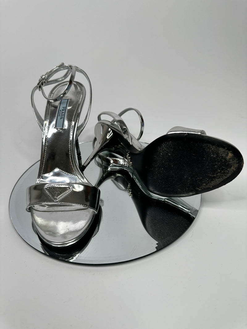 Prada Metallic Logo Plaque Sandal Heels (Size 38/UK5)