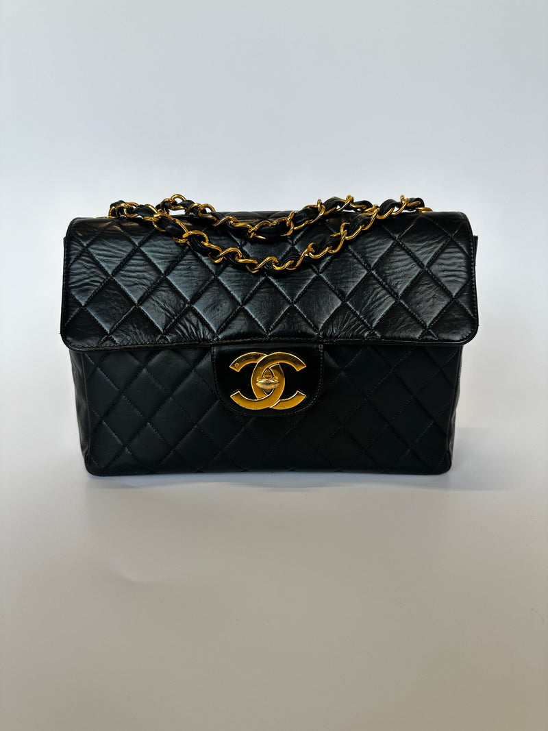 Chanel Vintage XL Maxi Flap Bag In Black Lambskin