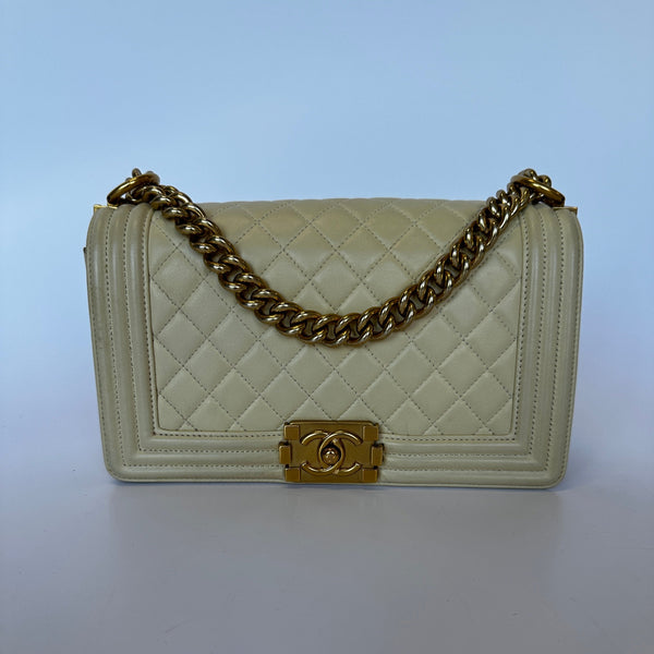 Chanel Boy Bag Medium In Cream Lambskin GHW