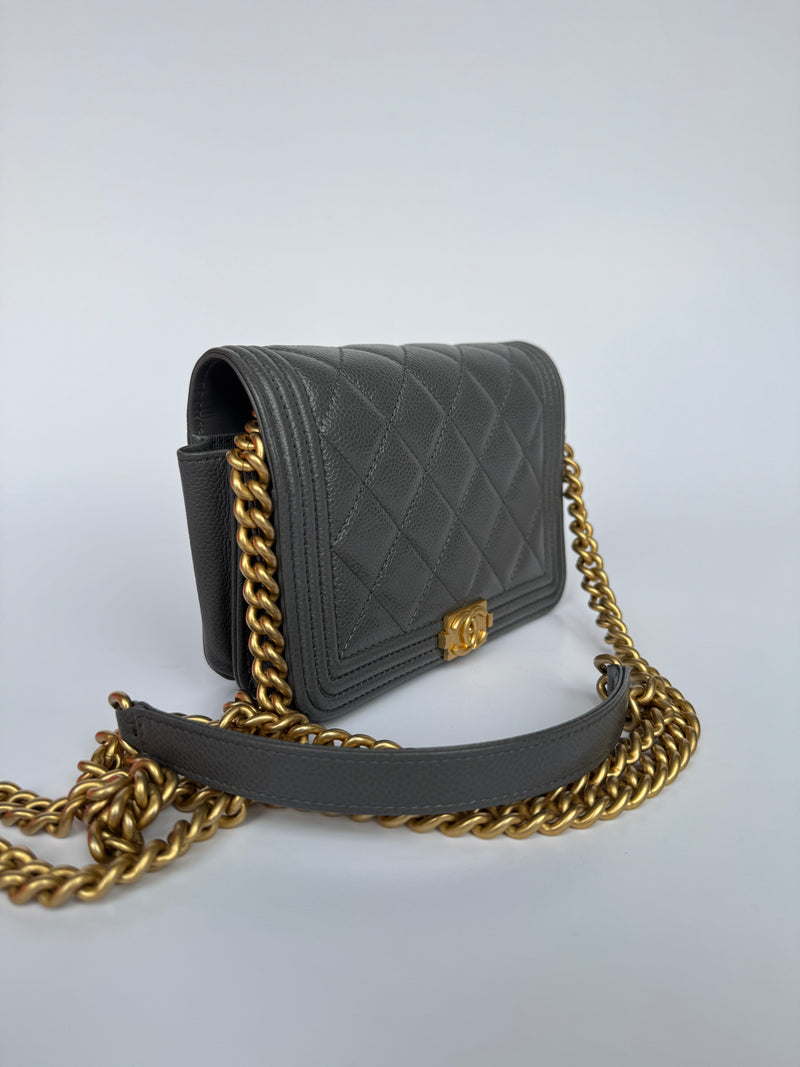 Chanel Boy Square Wallet On Chain In Grey Caviar GHW