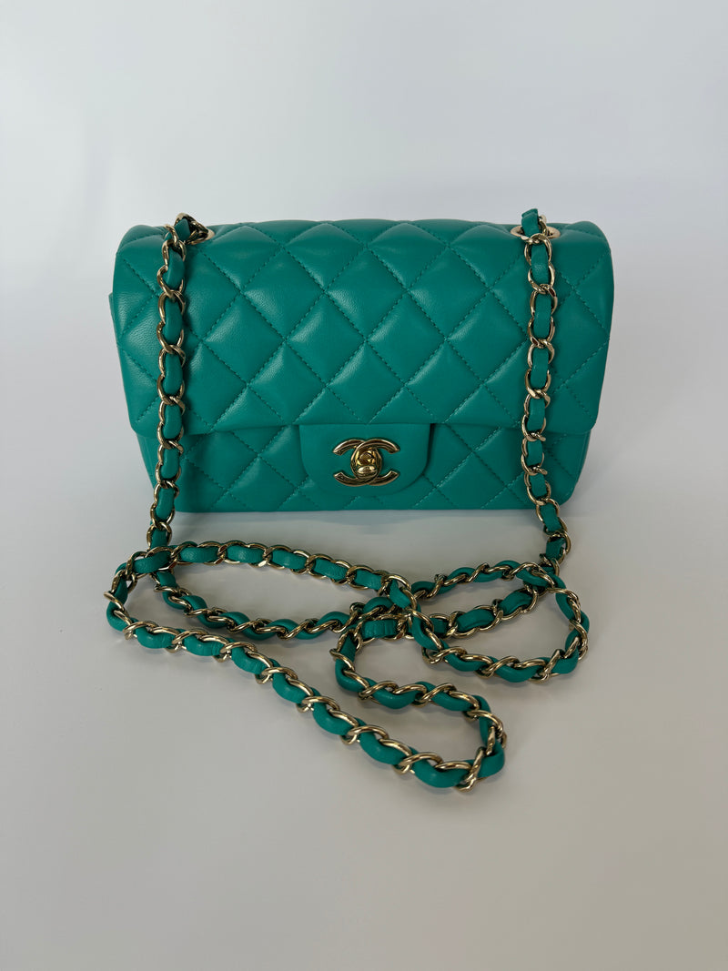 Chanel Mini Rectangle Flap Bag In Turquoise Lambskin GHW