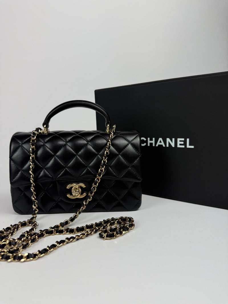 Chanel Top Handle Mini Rectangle In Black Lambskin GHW