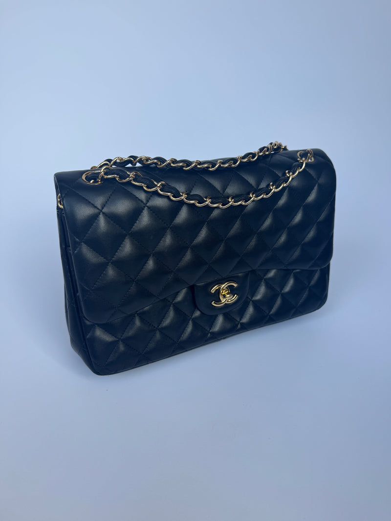 Chanel Black Lambskin Leather Jumbo Classic Double Flap GHW